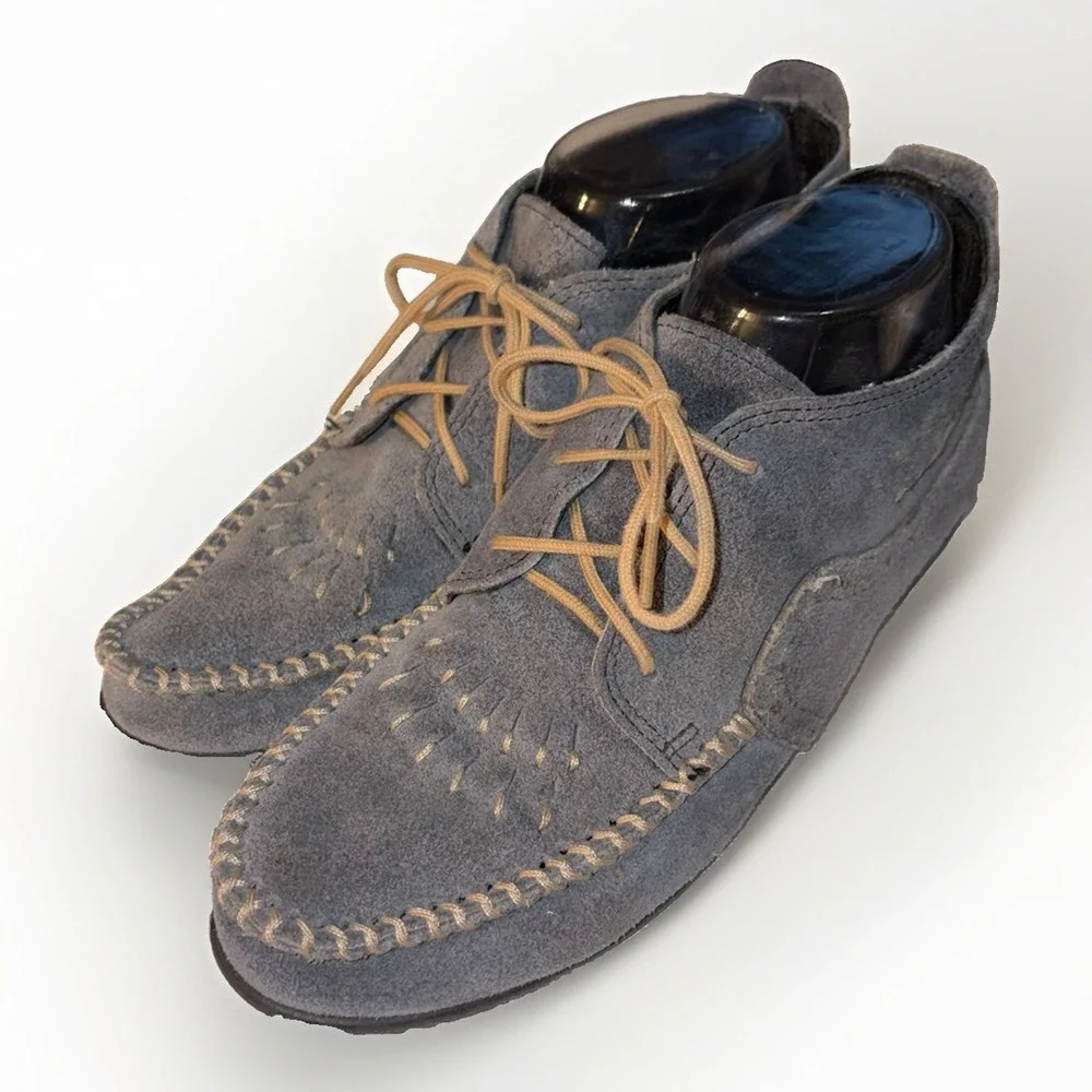 Minnetonka Womens 7.5 Ankle Boot Moccasin Lace Up Blueish Gray Leather Suede